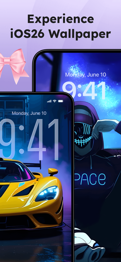 IPhone screens showing yellow sports car and neon character wallpapers from Themerella.