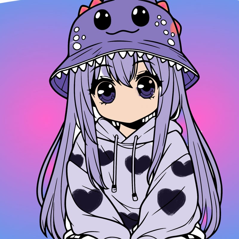 girl with anime shaped eyes with a dinosaur bucket hat oversized sweatshirt long straight hair