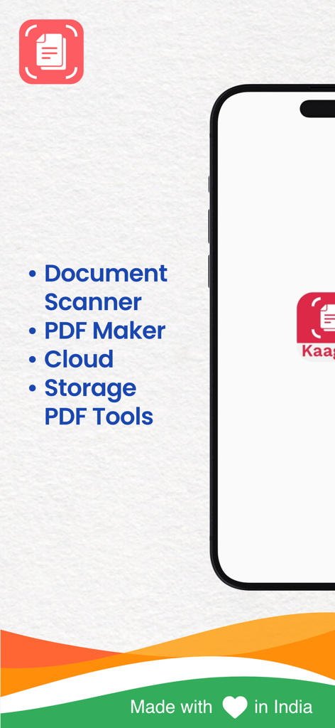 Kaagaz PDF Scanner & Compress - Kaagaz app interface listing features like Document Scanner PDF Maker Cloud Storage and PDF Tools