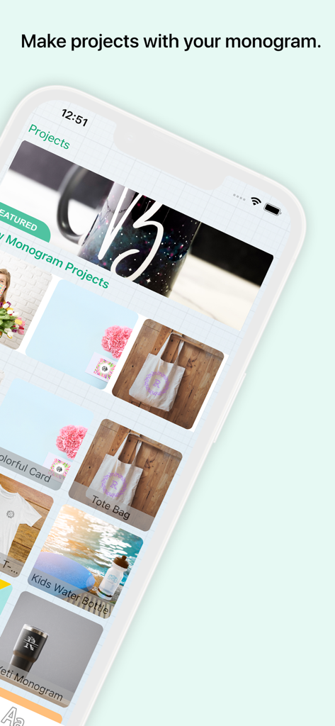Monograms for Cricut - Screenshot of the Monograms for Cricut app showing a variety of DIY project ideas including personalized tote bags and water bottles