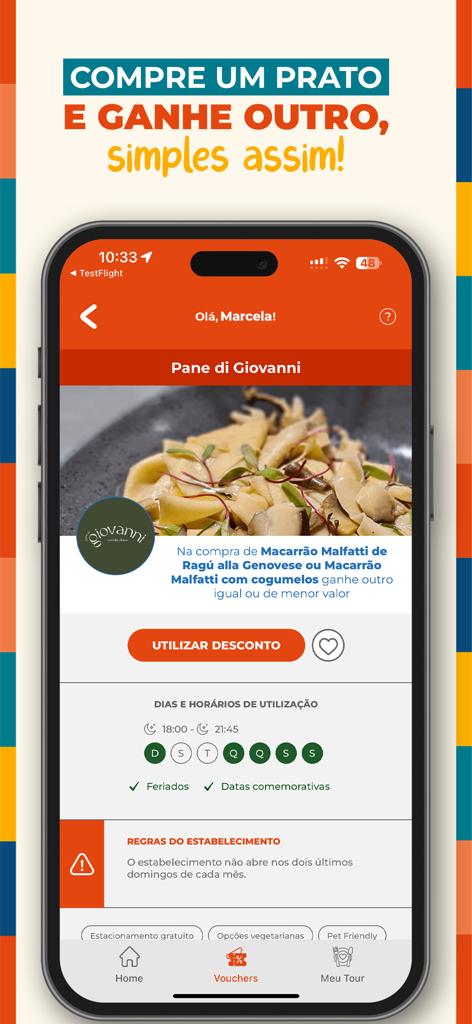 Tour Londrina - Tour Londrina app screen showing a buy one get one free restaurant offer for Pane di Giovanni