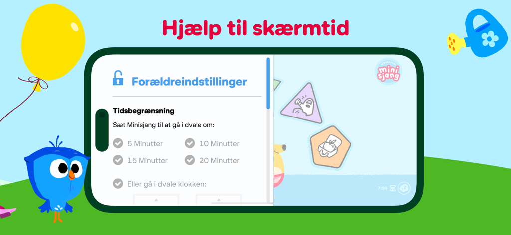 Parental control settings in the DR Minisjang app showing options to set screen time limits for children