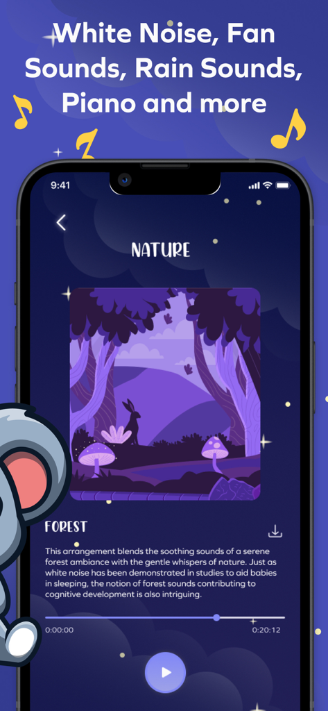 Koko Koala: Baby White Noise - Interfaz de la aplicación Koko Koala reproduciendo un paisaje sonoro relajante del bosque para el sueño del bebé