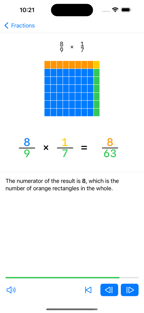 Fraction Steps: Learn Visually - A visual grid model demonstrating how to multiply fractions with a step by step text explanation.