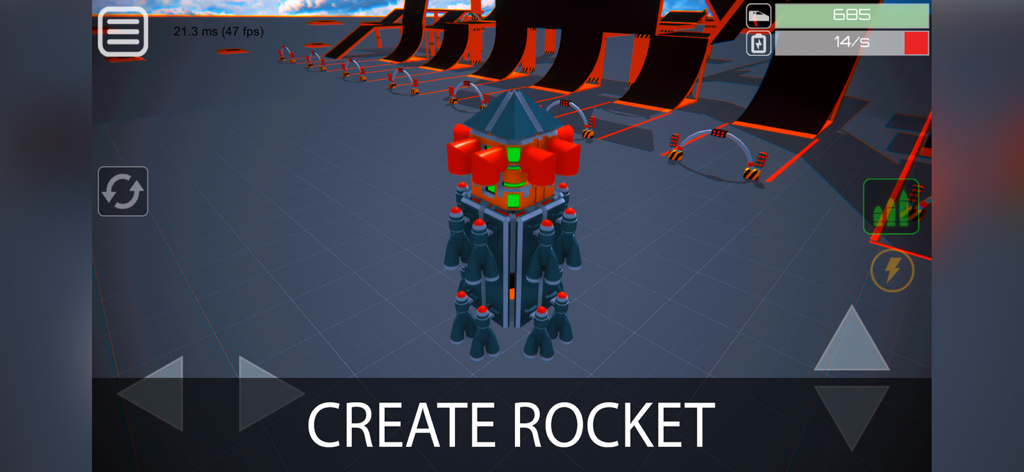 A custom built block rocket in the Block Tech Sandbox Online environment with stunt ramps in the background