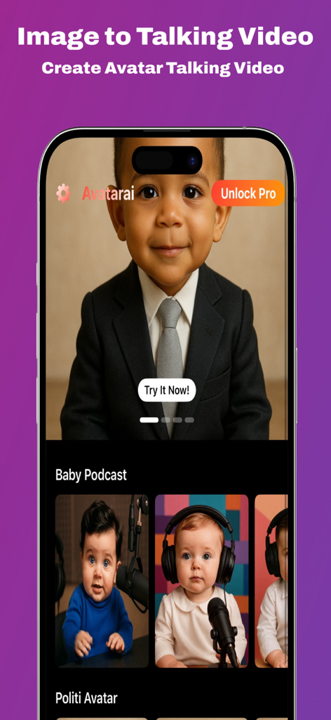 Talkie AI: Avatar Video - Talkie AI App-Oberfläche, die zeigt, wie man Talking Videos aus Fotos mit einem Baby-Avatar-Beispiel erstellt.