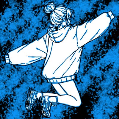 realistic girl jumping with a bun and oversized sweatshirt