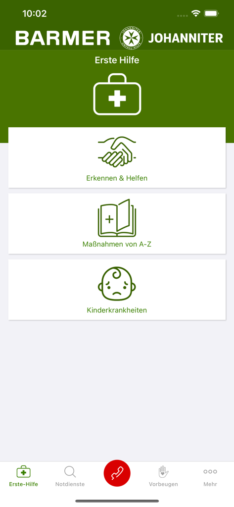 Kindernotfall-App - Menu principal do Kindernotfall-App da BARMER e Johanniter mostrando categorias de primeiros socorros para crianças, incluindo Reconhecer e Ajudar e Doenças Infantis