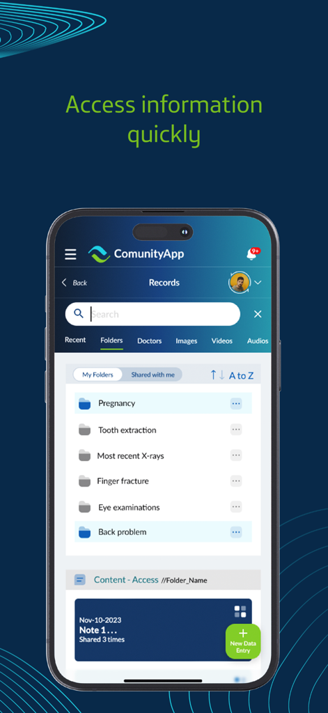 ComunityApp interface showing organized medical record folders for family health management
