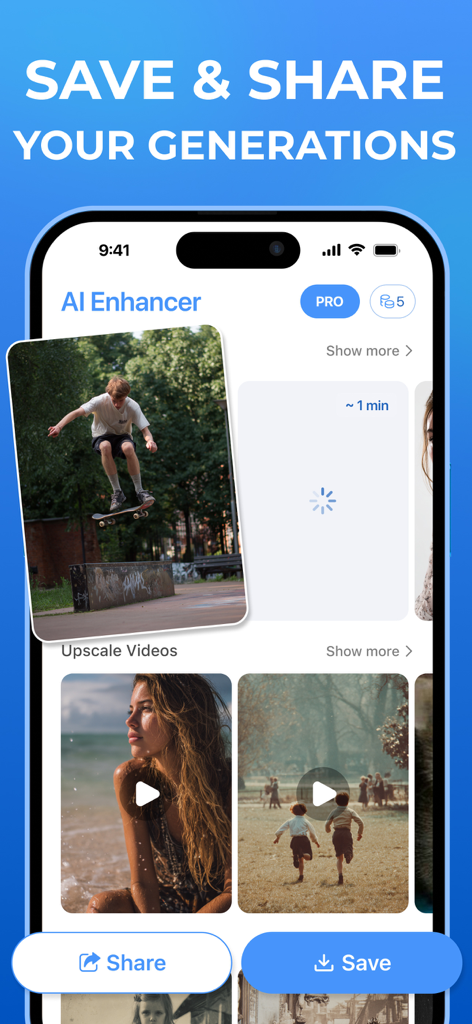 AI Photo Quality Enhancer Аpp - Interfaz de la app Mejorador de Fotos con IA mostrando una galería de fotos y videos mejorados con botones de guardar y compartir