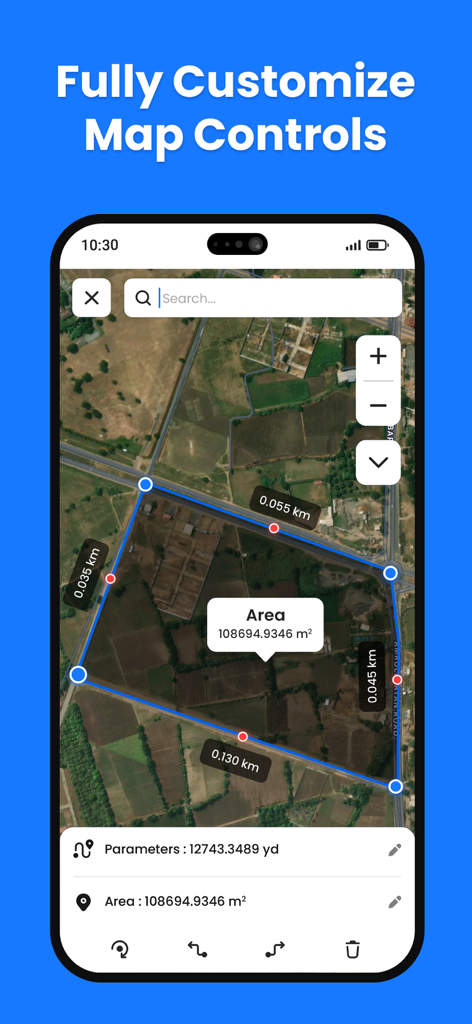 AreaMate - AreaMate app interface showing a land area calculation on an aerial map with customized controls