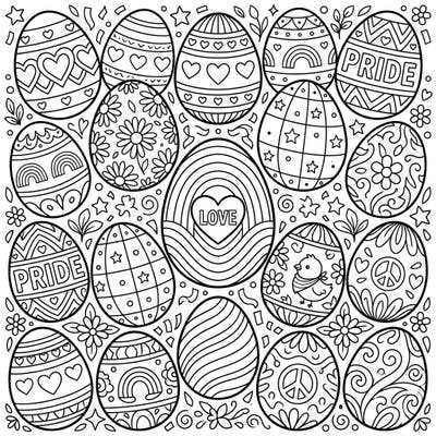 Discover a delightful collection of Easter eggs adorned with vibrant Pride-themed designs, perfect for celebrating both spring and inclusivity. This charming coloring page invites you to bring a burst of color to intricate patterns, rainbows, and symbols of love.
