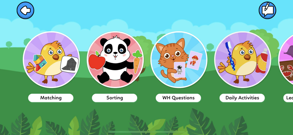 AutiSpark Autism Games: School - Educational game selection screen in AutiSpark featuring matching sorting and daily activities with cartoon animals