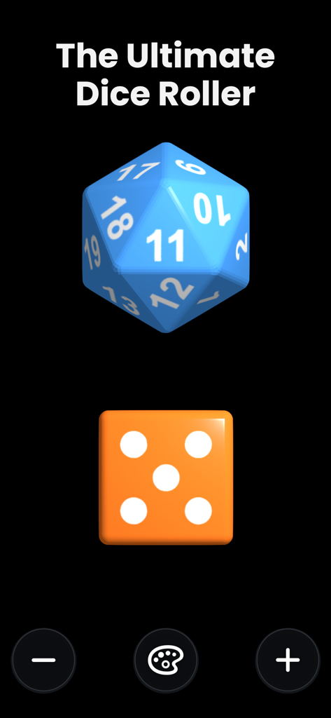 Dice Pro+ - Interfaz de la aplicación Dice Pro plus mostrando un d20 azul y un d6 naranja sobre un fondo negro.