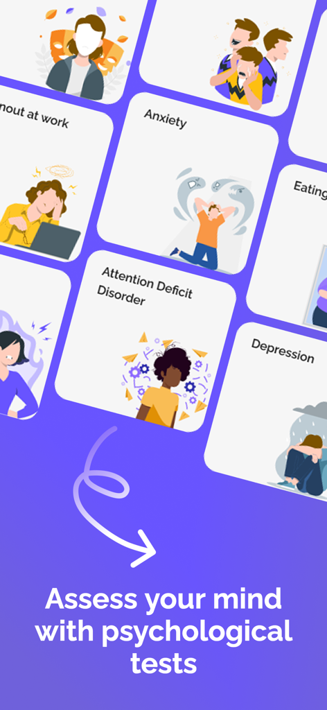 MindHealth: Mental Health CBT - MindHealth app display of mental health assessment cards for anxiety ADHD and depression