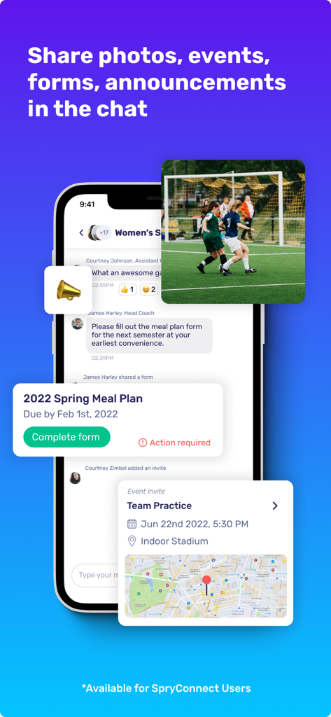 Spry+ - Spry+ app screen showing team chat with photos, digital forms, and event scheduling for collegiate athletes.