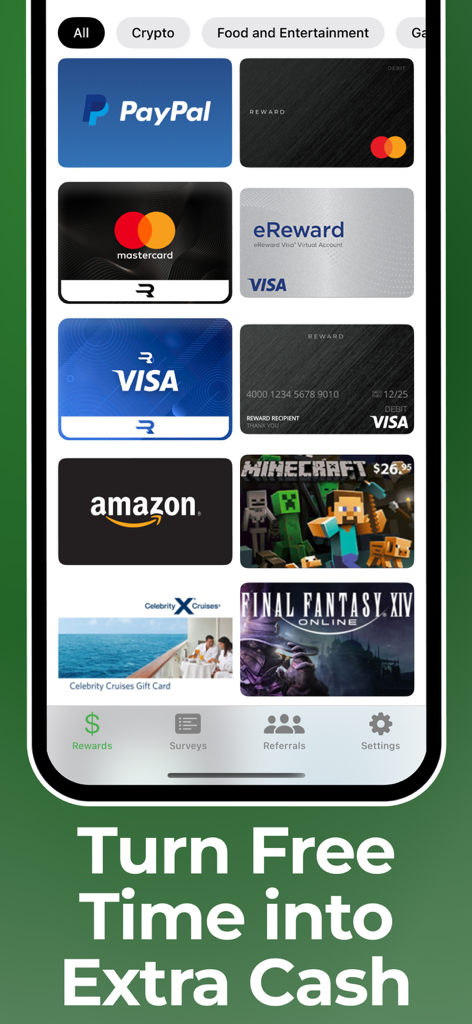 A mobile interface for a survey app displaying various payout options including PayPal, Mastercard, Visa, and Amazon gift cards