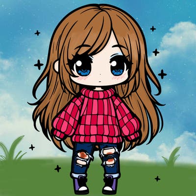 chibi girl with ripped jeans,long hair, and an oversized sweater