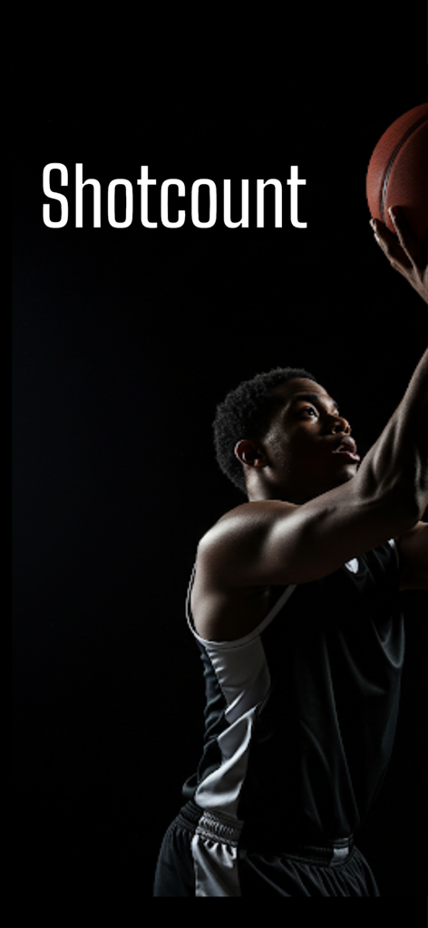 Shot Count - Basketball AI - Basketball player shooting a ball with Shotcount app title displayed