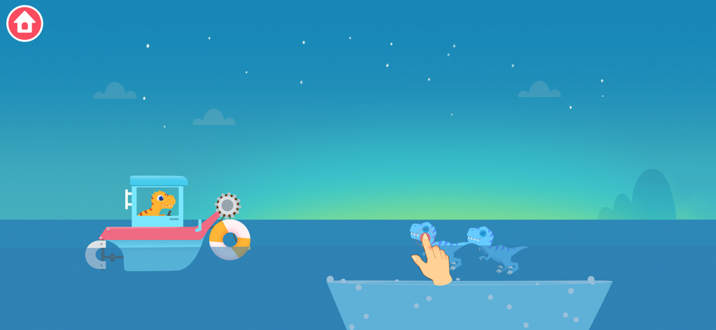 A dinosaur driving a blue patrol boat to rescue two small dinosaurs from the sea