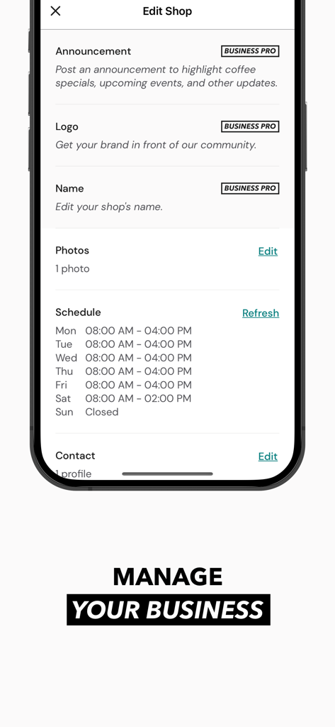 Roasters: Great Coffee Nearby - Mobile screen of the Roasters app showing options to edit a coffee shop profile including schedule and announcements