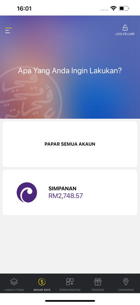 Panel de la aplicación móvil myPTPTN que muestra el saldo de la cuenta de ahorros y el menú de navegación