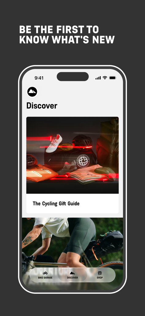 The Discover tab of the Canyon app showing a cycling gift guide and professional gear