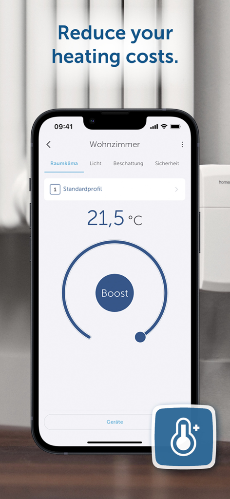 Homematic IP - Smartphone displaying the Homematic IP app heating control interface with temperature setting for a living room.