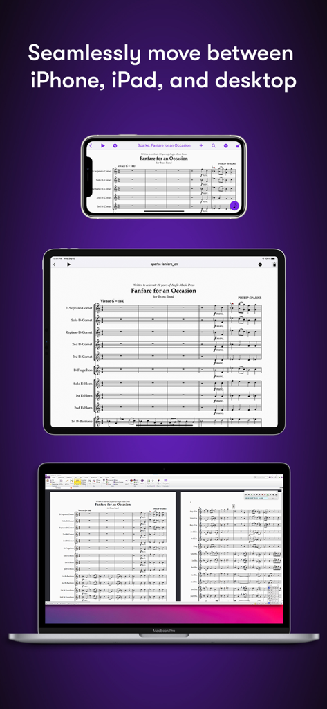 iPhone, iPad 및 MacBook 데스크톱에 표시되는 Sibelius 음악 악보