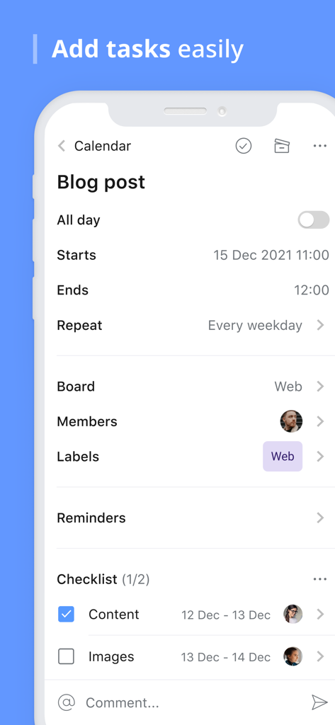 Planyway: Calendar‬ for Trello - Mobile screen of Planyway showing task details for a blog post with checklist and scheduling options