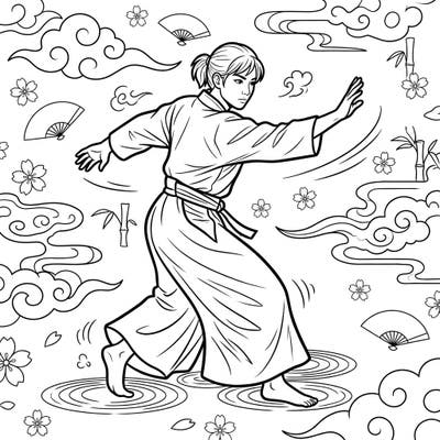 Embrace the spirit of martial arts with this captivating Aikido practitioner coloring page. Featuring a dynamic pose amidst beautiful Japanese cultural patterns, it's a unique canvas for your creativity.