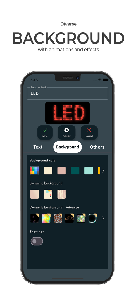 Led Board - Led Banner - LED Board app interface showing background color and animation options for a digital banner