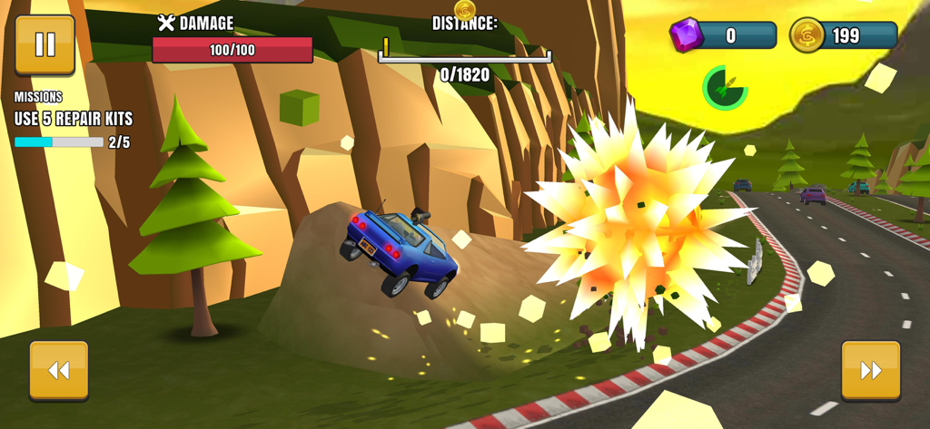 Faily Brakes 2 - A blue car jumping over a hill next to a large fiery explosion in Faily Brakes 2