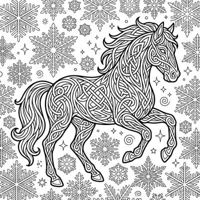 Dive into a magical winter scene with this captivating Celtic knot horse coloring page, beautifully intertwined with a flurry of intricate snowflakes. This unique design offers a perfect blend of ancient artistry and seasonal charm for hours of creative relaxation.