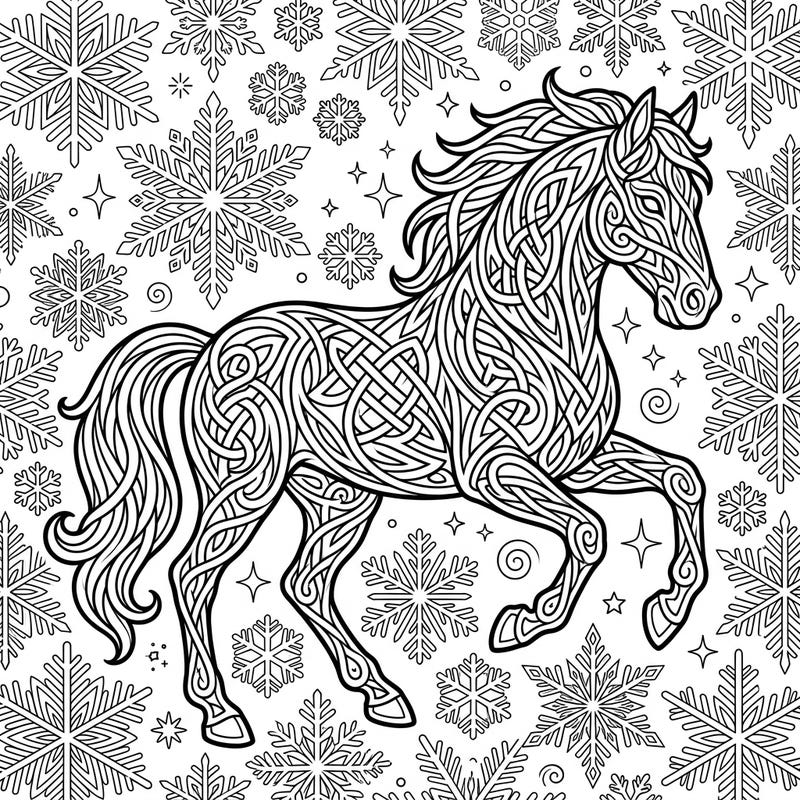 Dive into a magical winter scene with this captivating Celtic knot horse coloring page, beautifully intertwined with a flurry of intricate snowflakes. This unique design offers a perfect blend of ancient artistry and seasonal charm for hours of creative relaxation.