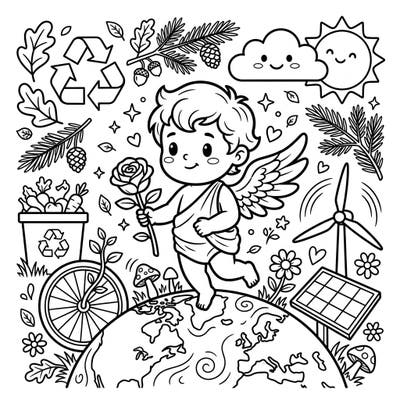 Embrace both love and nature with this delightful coloring page featuring an adorable chibi Cupid holding a beautiful rose. This unique design celebrates Earth Day, blending romantic symbolism with important environmental messages in a fun and engaging way.