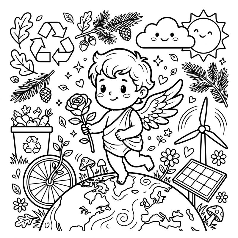 Embrace both love and nature with this delightful coloring page featuring an adorable chibi Cupid holding a beautiful rose. This unique design celebrates Earth Day, blending romantic symbolism with important environmental messages in a fun and engaging way.