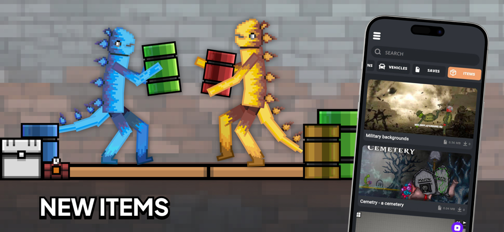 Um smartphone mostrando um catálogo de mods para Melon Playground com novos personagens de dragão pixelados e itens ambientais