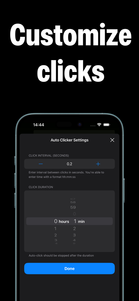 Auto Click - Auto Clicker app - Interface de l'application Auto Clicker pour personnaliser les intervalles et les durées de clic