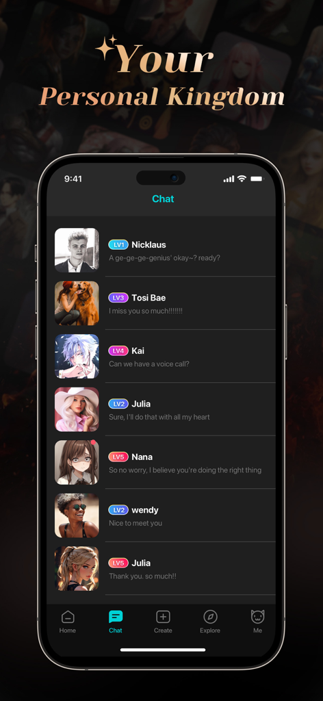 A mobile app screen showing a list of soulful AI characters in the BALA AI chat interface