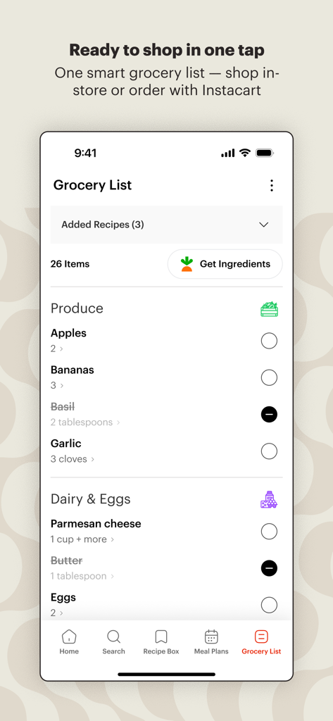 Interfaz de la aplicación Tastemade Cooking que muestra una lista de compras categorizada con una opción para pedir ingredientes a través de Instacart.