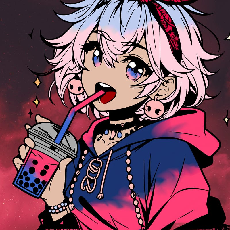 hot baddie anime girl drinking boba and biting the straw