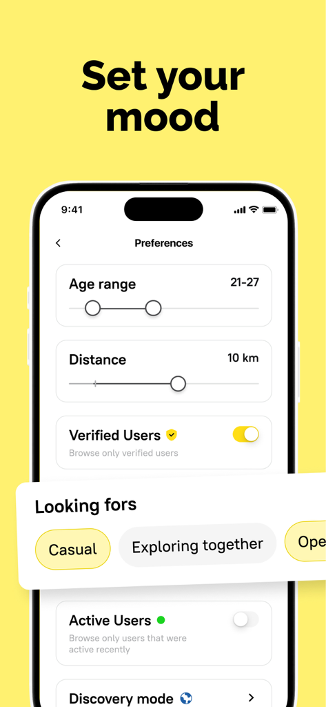Instinct: Casual Dating App - A mobile screen showing search preferences in the Instinct dating app including age range distance and relationship goals
