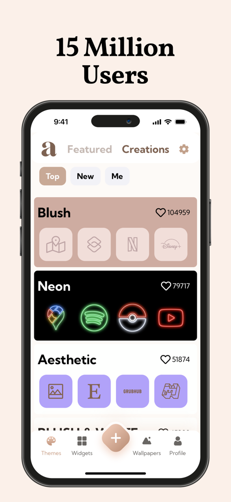 aesthetic kit: widgets, themes - Aesthetic Kitアプリのインターフェース、BlushやNeonスタイルを含むカスタムアプリアイコンテーマを表示