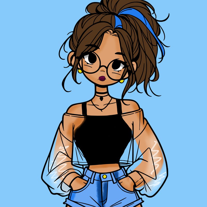 girl with a messy ponytail glasses a baggy crop top and jean shorts