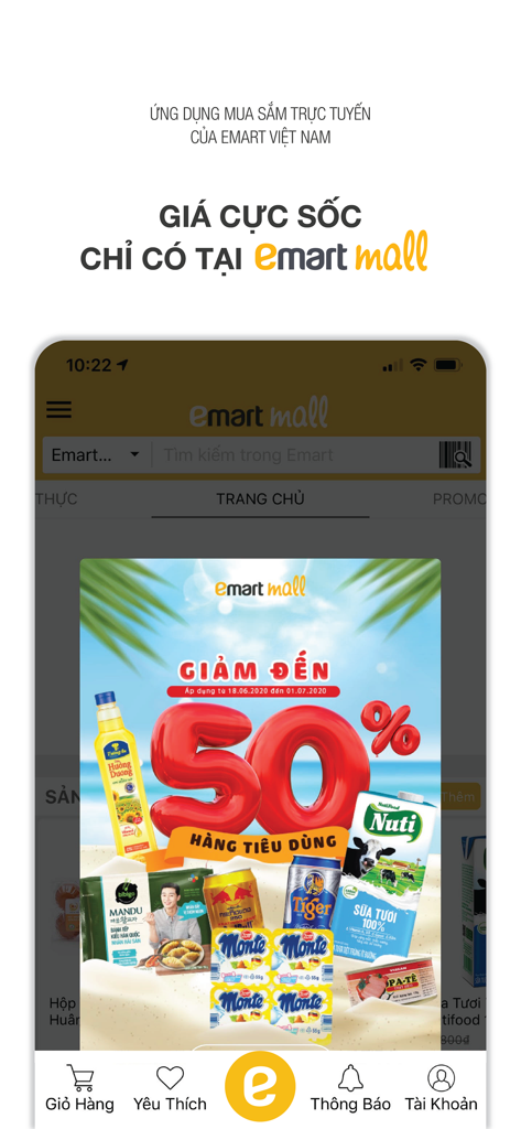 Emartmall VNアプリのプロモーションバナーで、消費財が50％割引になっていることを表示
