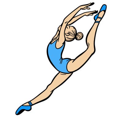 gymnast doing a leap in a leotard with a bent back leg