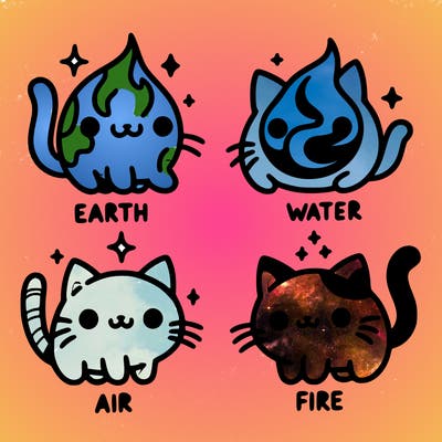 4 cats that represent the different elements, earth, water, air, and fire