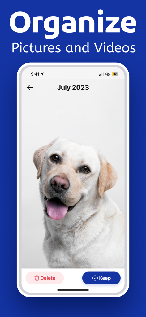 Ai Cleaner Pro Cleanup Storage - Interfaz de Ai Cleaner Pro mostrando cómo organizar imágenes y videos con botones de eliminar y conservar