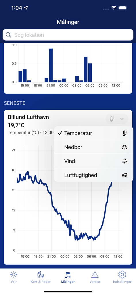 DMI Vejr - DMI Vejr app showing weather measurements and temperature charts for Billund Airport